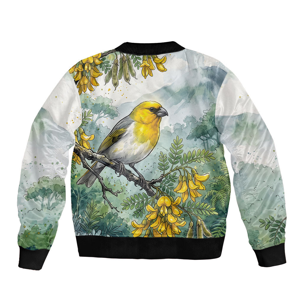 Aloha Hawaii Palila Mamane Watercolor Sleeve Zip Bomber Jacket