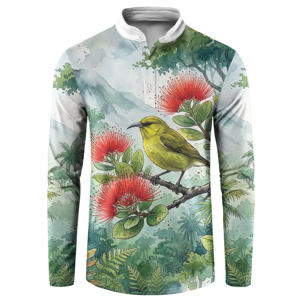 Aloha Hawaii Amakihi Ohia Lehua Watercolor Button Sweatshirt LT14 Watercolor - Polynesian Pride