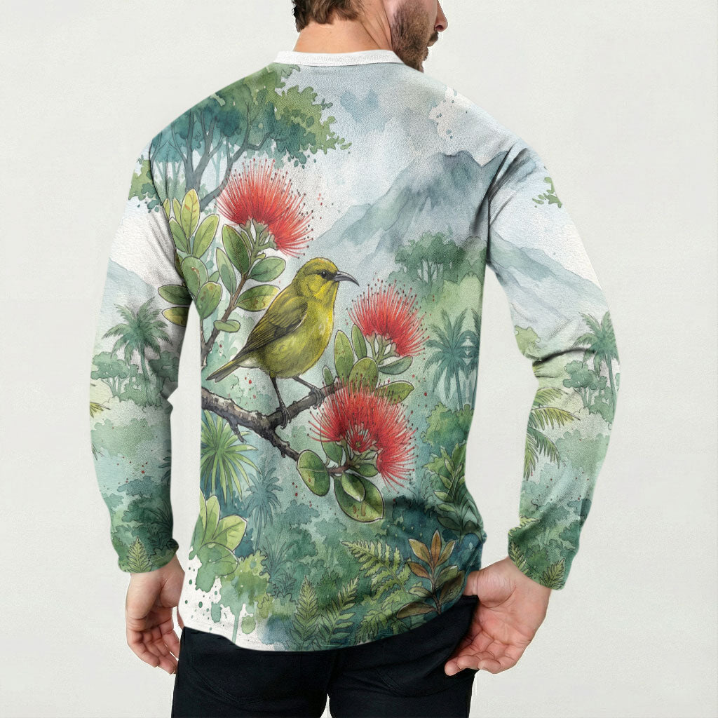 Aloha Hawaii Amakihi Ohia Lehua Watercolor Button Sweatshirt LT14 - Polynesian Pride