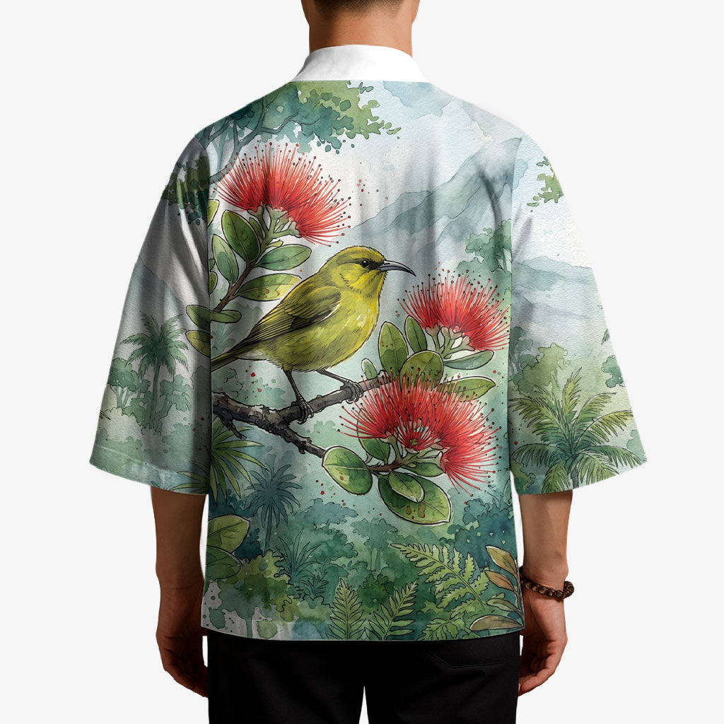 Aloha Hawaii Amakihi Ohia Lehua Watercolor Kimono LT14 - Polynesian Pride