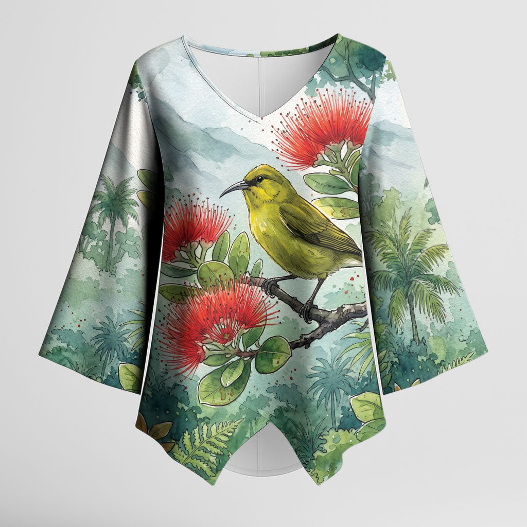Aloha Hawaii Amakihi Ohia Lehua Watercolor Kimono Sleeve Blouse LT14 Female Watercolor - Polynesian Pride