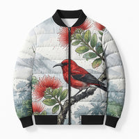 Aloha Hawaii Apapane Ohia Lehua Watercolor Bomber Puffer Jacket