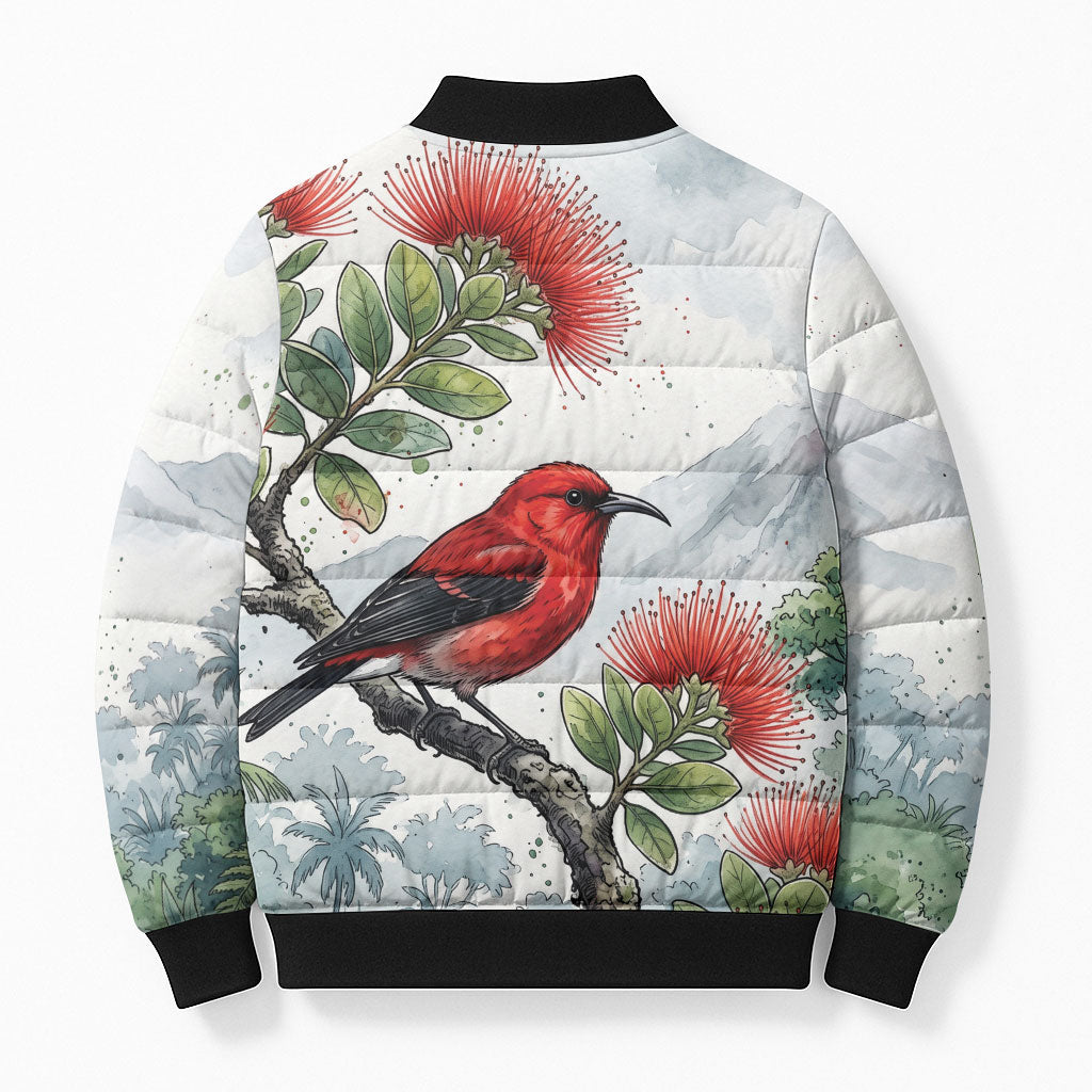 Aloha Hawaii Apapane Ohia Lehua Watercolor Bomber Puffer Jacket