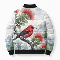 Aloha Hawaii Apapane Ohia Lehua Watercolor Bomber Puffer Jacket