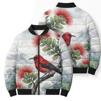 Aloha Hawaii Apapane Ohia Lehua Watercolor Bomber Puffer Jacket