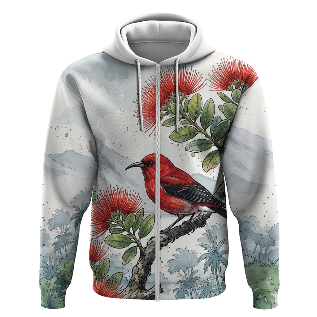 Aloha Hawaii Apapane Ohia Lehua Watercolor Hoodie LT14 Zip Hoodie Watercolor - Polynesian Pride
