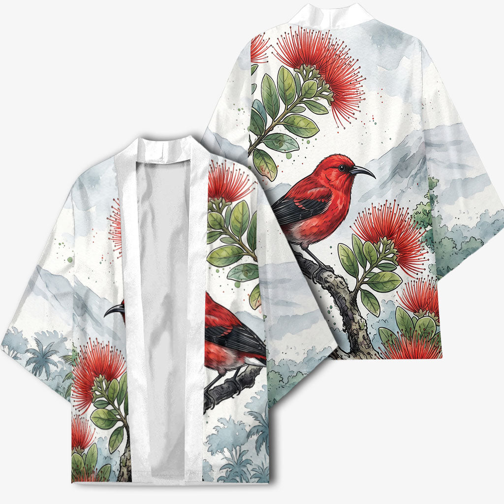 Aloha Hawaii Apapane Ohia Lehua Watercolor Kimono