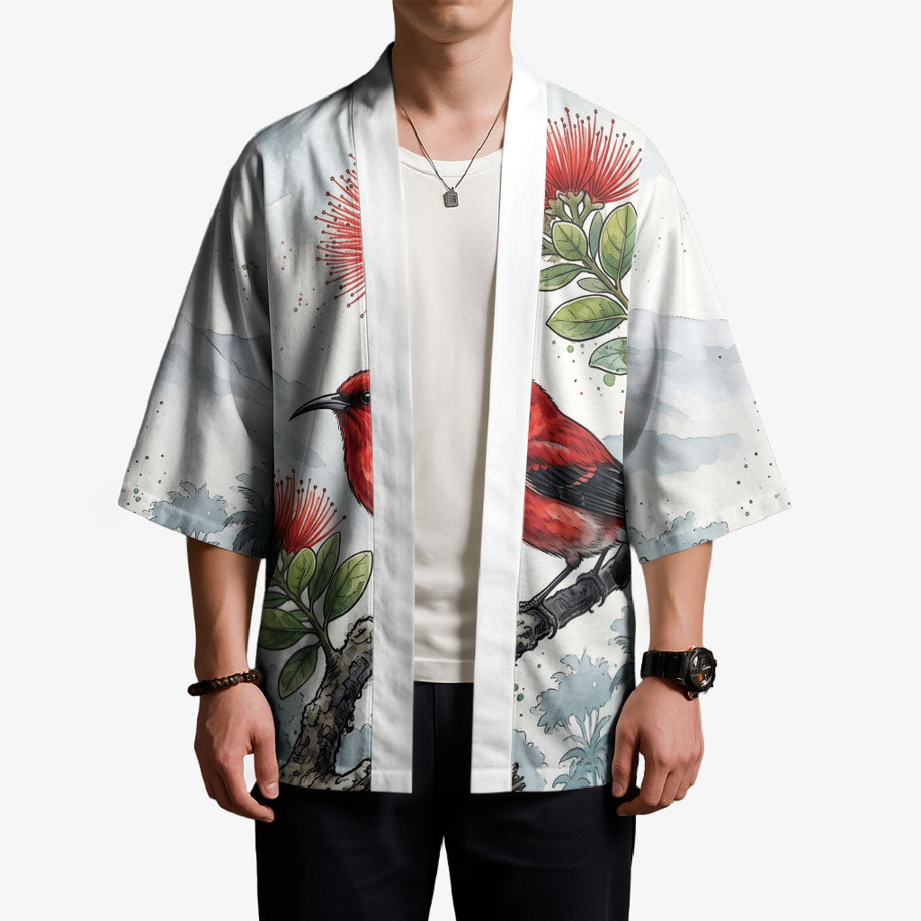 Aloha Hawaii Apapane Ohia Lehua Watercolor Kimono