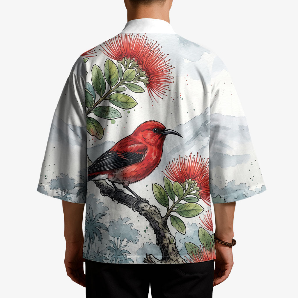 Aloha Hawaii Apapane Ohia Lehua Watercolor Kimono