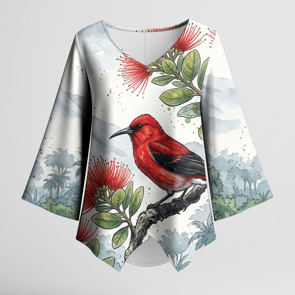 Aloha Hawaii Apapane Ohia Lehua Watercolor Kimono Sleeve Blouse LT14 Female Watercolor - Polynesian Pride