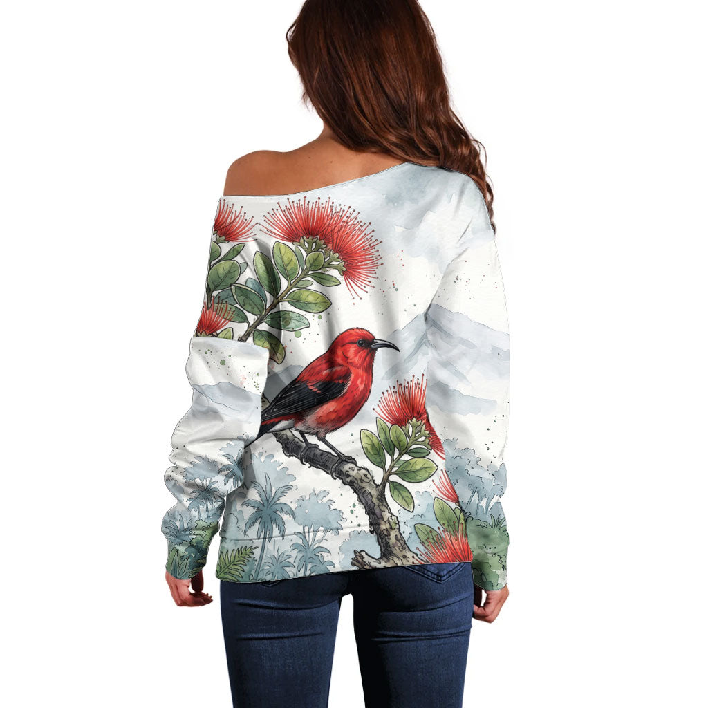 Aloha Hawaii Apapane Ohia Lehua Watercolor Off Shoulder Sweater LT14 - Polynesian Pride