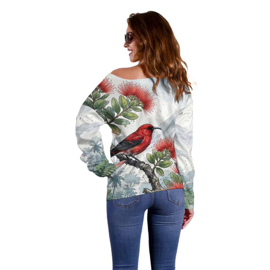 Aloha Hawaii Apapane Ohia Lehua Watercolor Off Shoulder Sweater LT14 - Polynesian Pride
