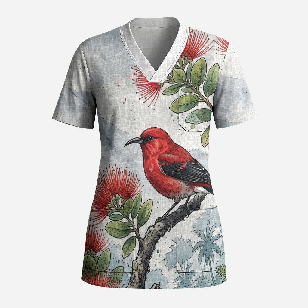 Aloha Hawaii Apapane Ohia Lehua Watercolor Scrub Top LT14 Adult Watercolor - Polynesian Pride