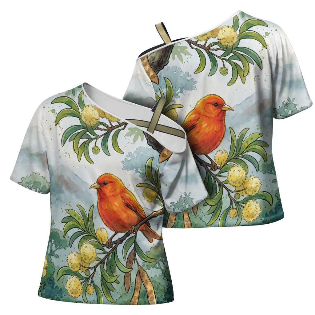 Aloha Hawaii Akepa Koa Tree Watercolor Cross Shoulder Shirt
