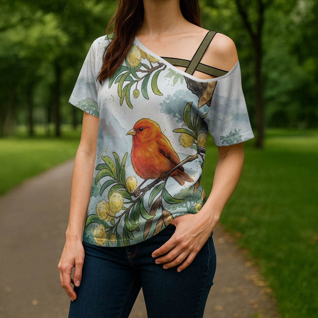 Aloha Hawaii Akepa Koa Tree Watercolor Cross Shoulder Shirt