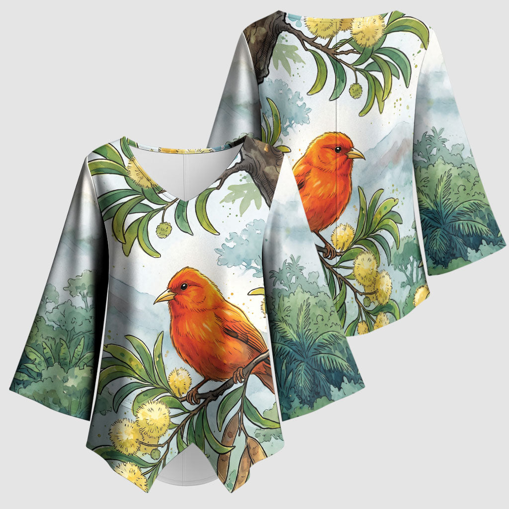 Aloha Hawaii Akepa Koa Tree Watercolor Kimono Sleeve Blouse