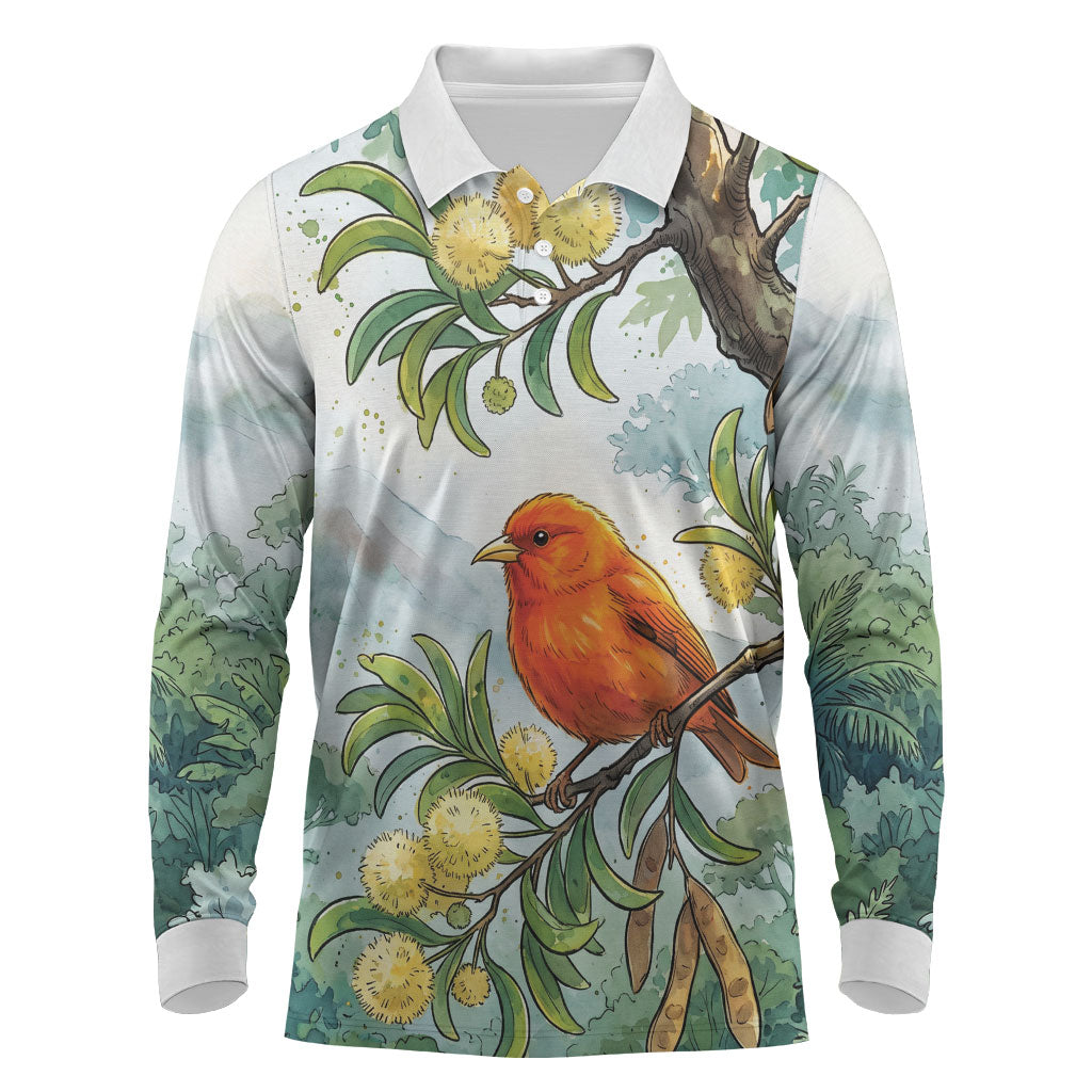 Aloha Hawaii Akepa Koa Tree Watercolor Long Sleeve Polo Shirt