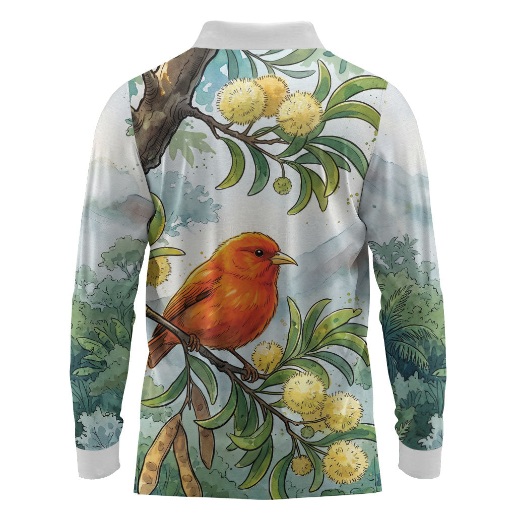 Aloha Hawaii Akepa Koa Tree Watercolor Long Sleeve Polo Shirt