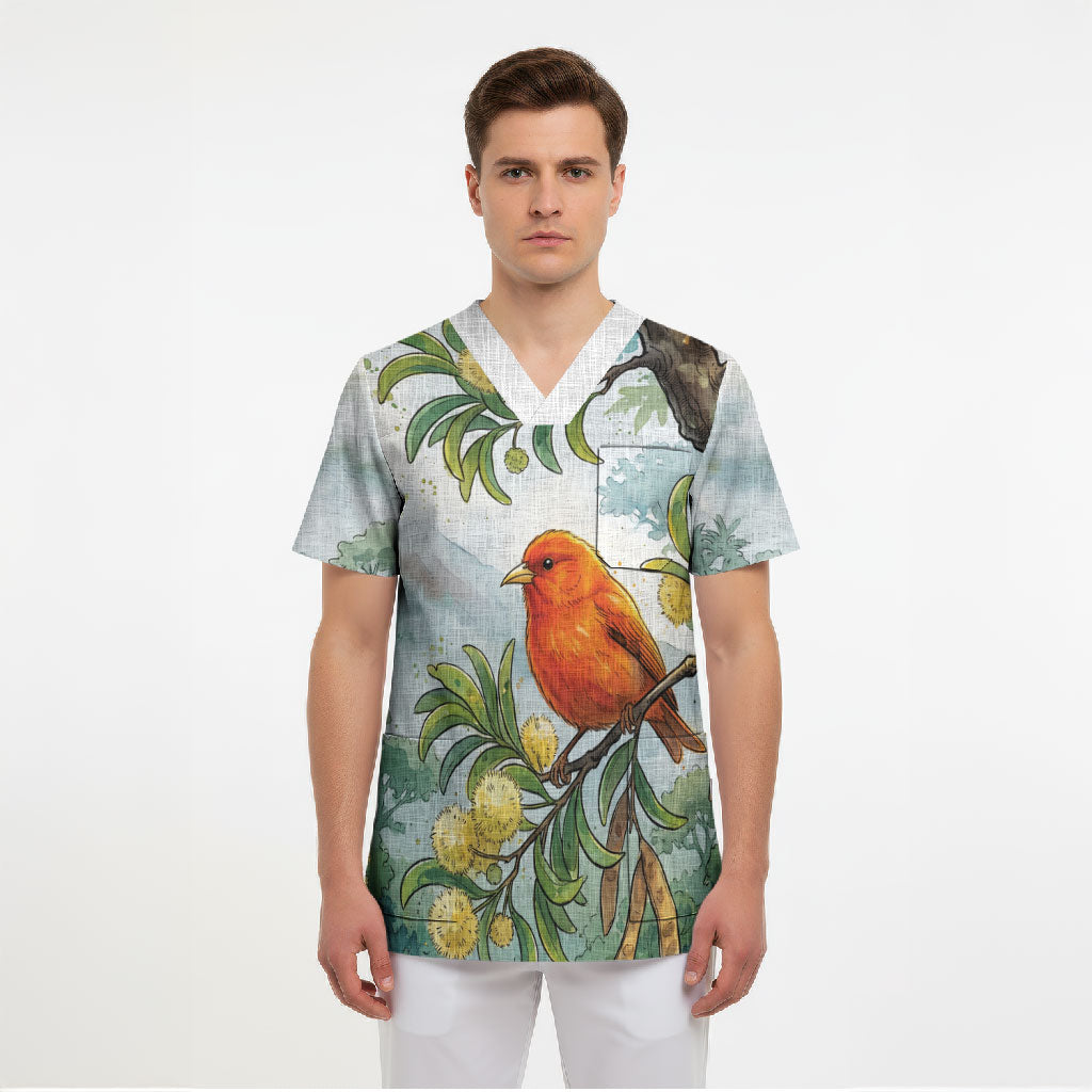 Aloha Hawaii Akepa Koa Tree Watercolor Scrub Top LT14 - Polynesian Pride