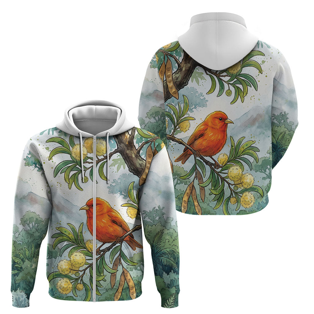 Aloha Hawaii Akepa Koa Tree Watercolor Zip Hoodie