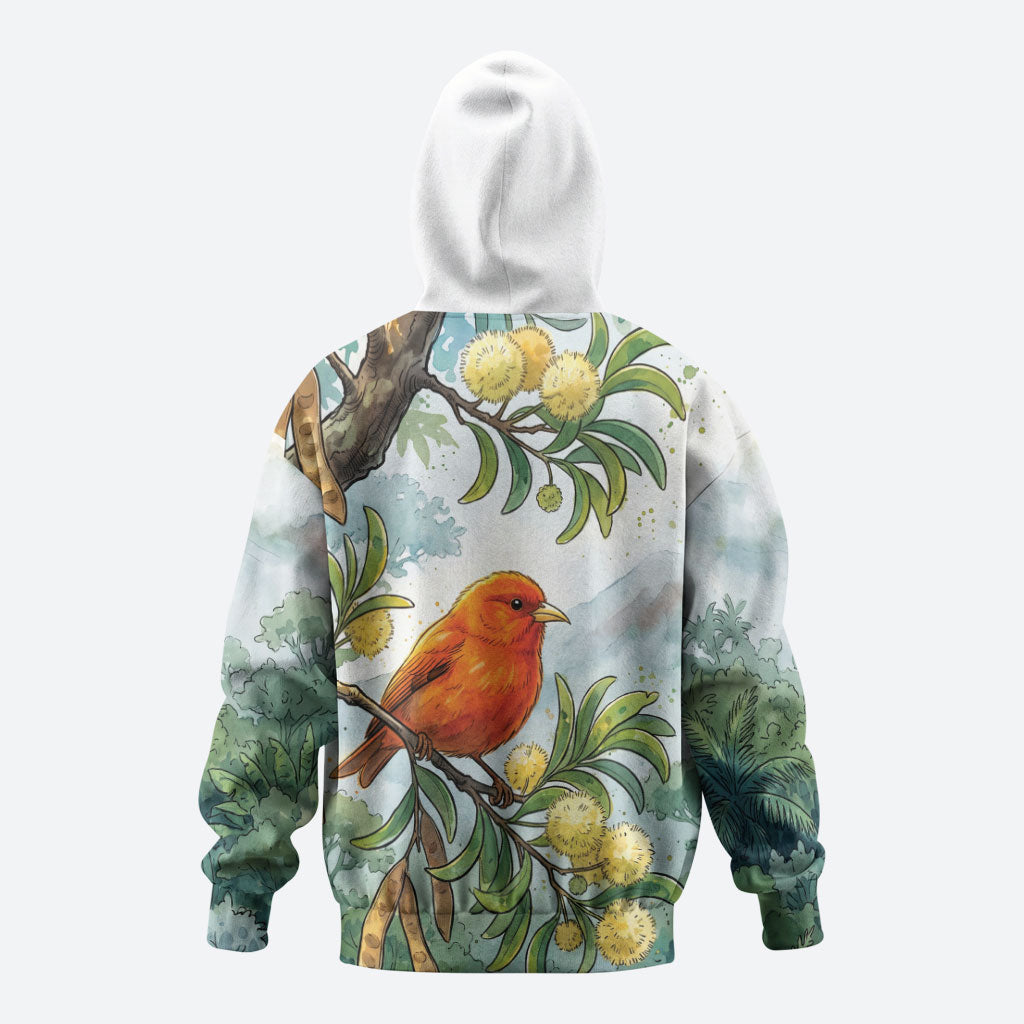 Aloha Hawaii Akepa Koa Tree Watercolor Zip Hoodie