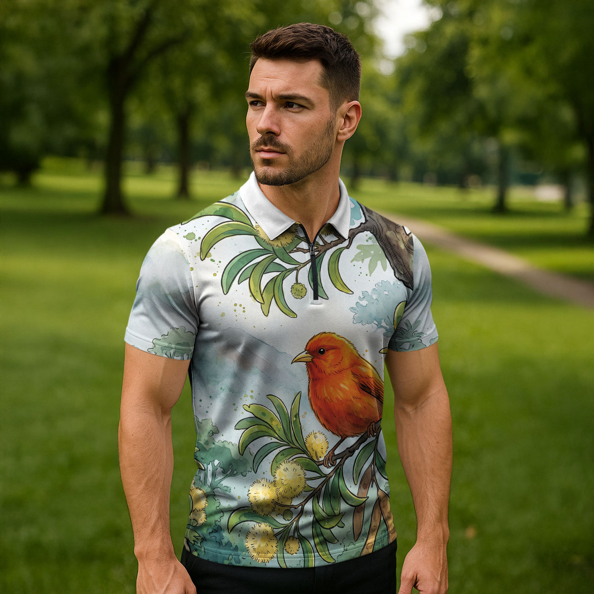 Aloha Hawaii Akepa Koa Tree Watercolor Zipper Polo Shirt