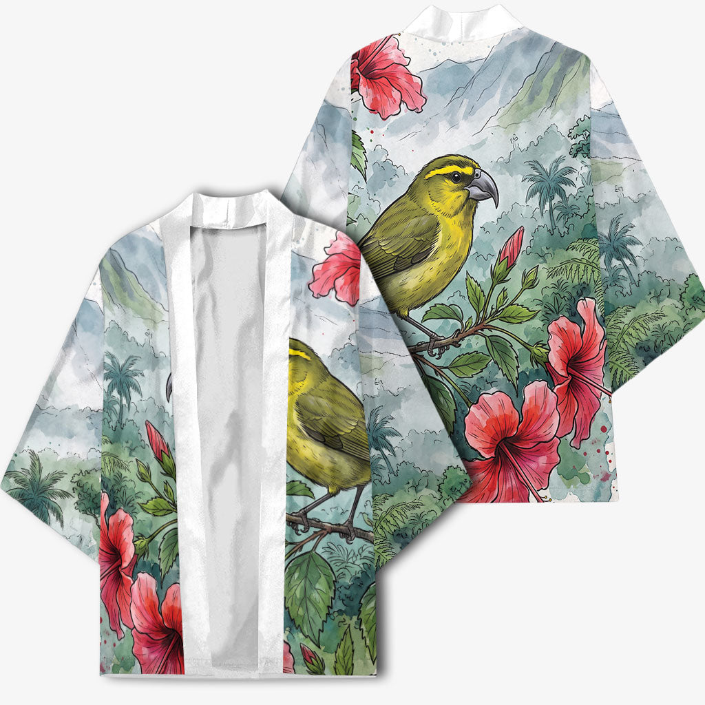 Aloha Hawaii Maui Parrotbill Hibiscus Watercolor Kimono