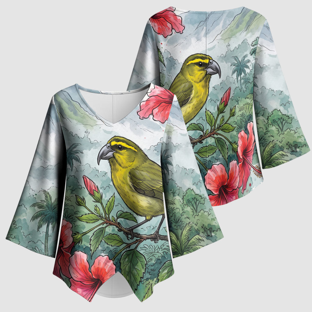 Aloha Hawaii Maui Parrotbill Hibiscus Watercolor Kimono Sleeve Blouse LT14 - Polynesian Pride