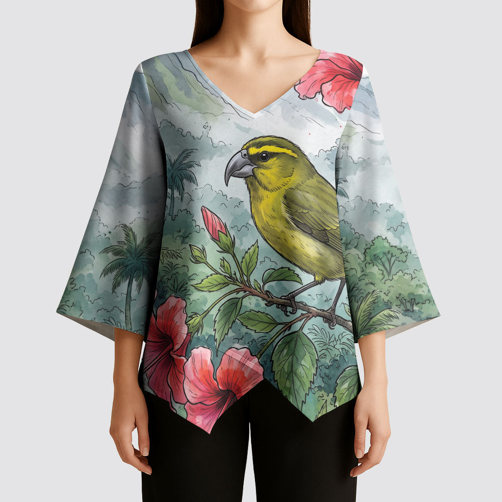 Aloha Hawaii Maui Parrotbill Hibiscus Watercolor Kimono Sleeve Blouse LT14 - Polynesian Pride