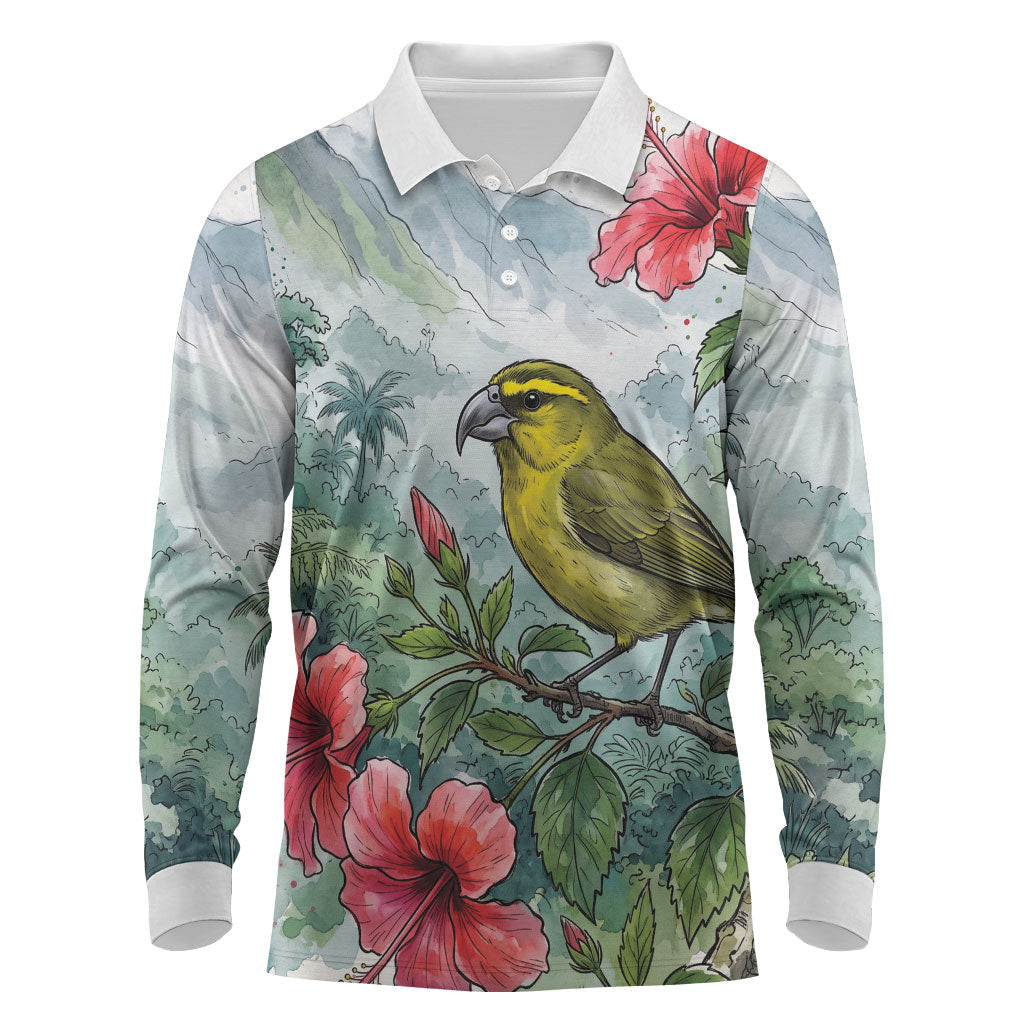 Aloha Hawaii Maui Parrotbill Hibiscus Watercolor Long Sleeve Polo Shirt LT14 Watercolor - Polynesian Pride