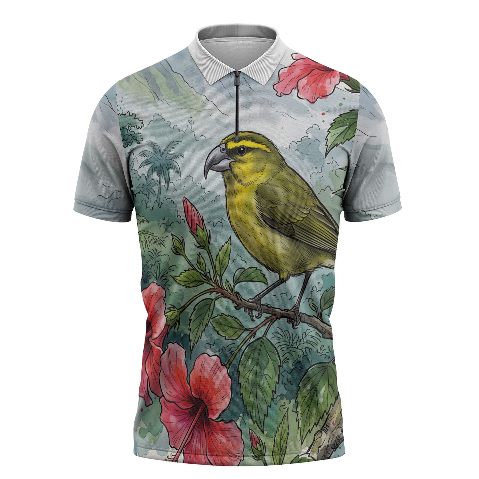 Aloha Hawaii Maui Parrotbill Hibiscus Watercolor Zipper Polo Shirt LT14 Watercolor - Polynesian Pride
