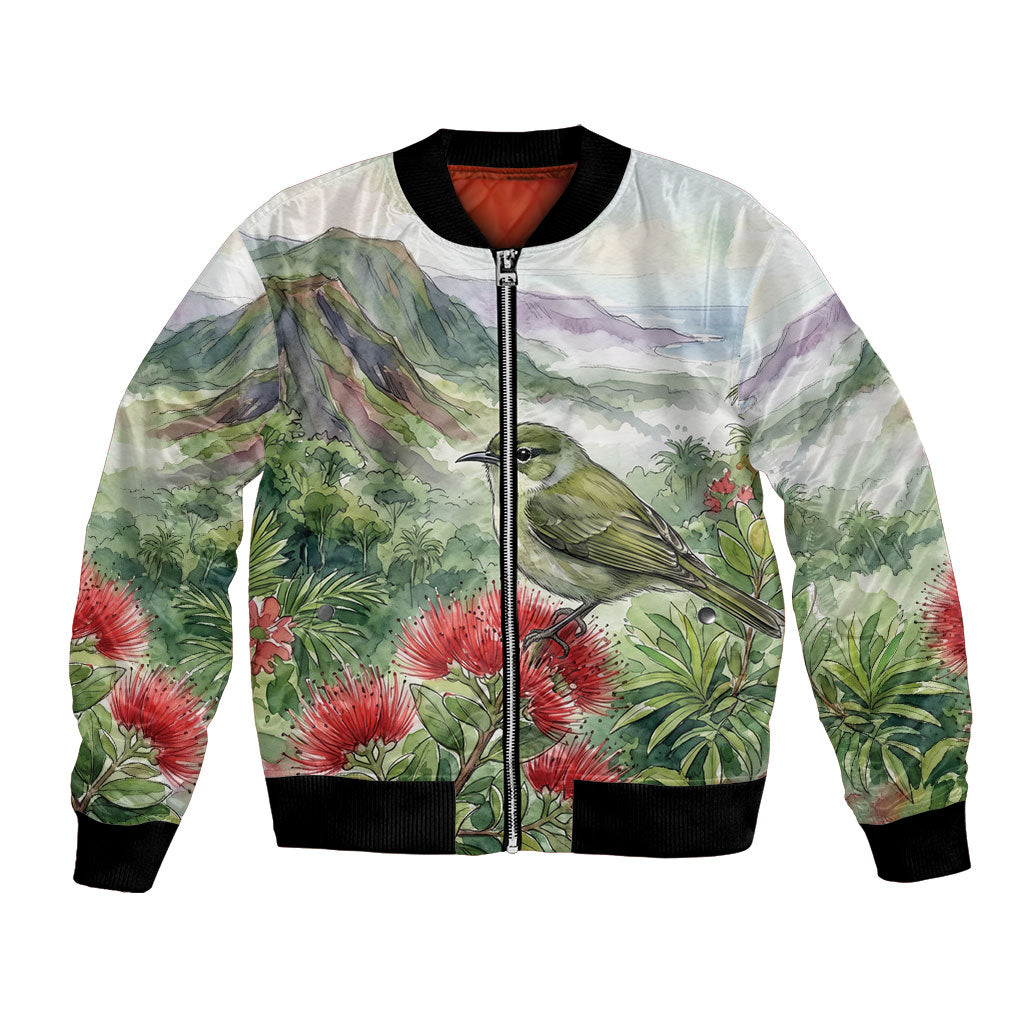 Aloha Hawaii Creeper Ohia Lehua Watercolor Bomber Jacket