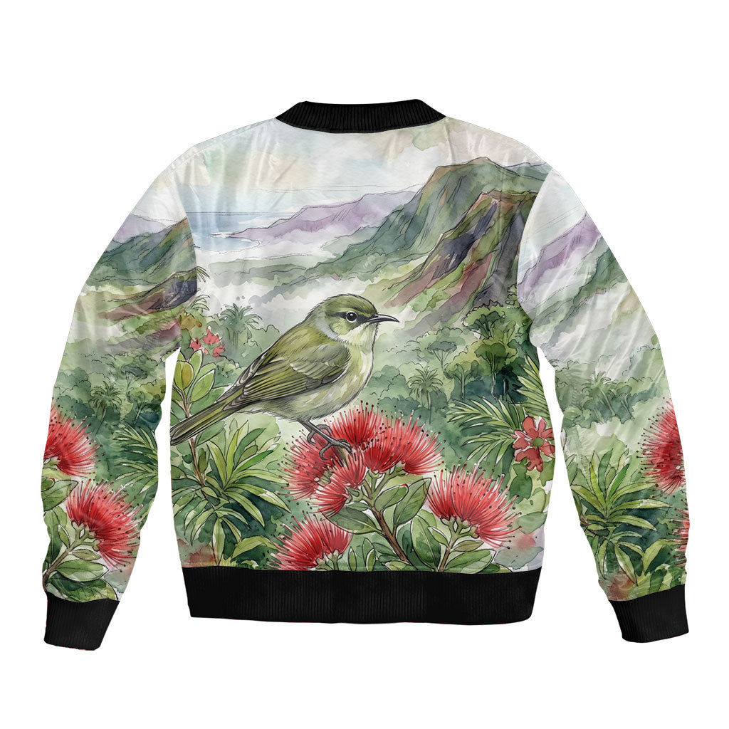 Aloha Hawaii Creeper Ohia Lehua Watercolor Bomber Jacket