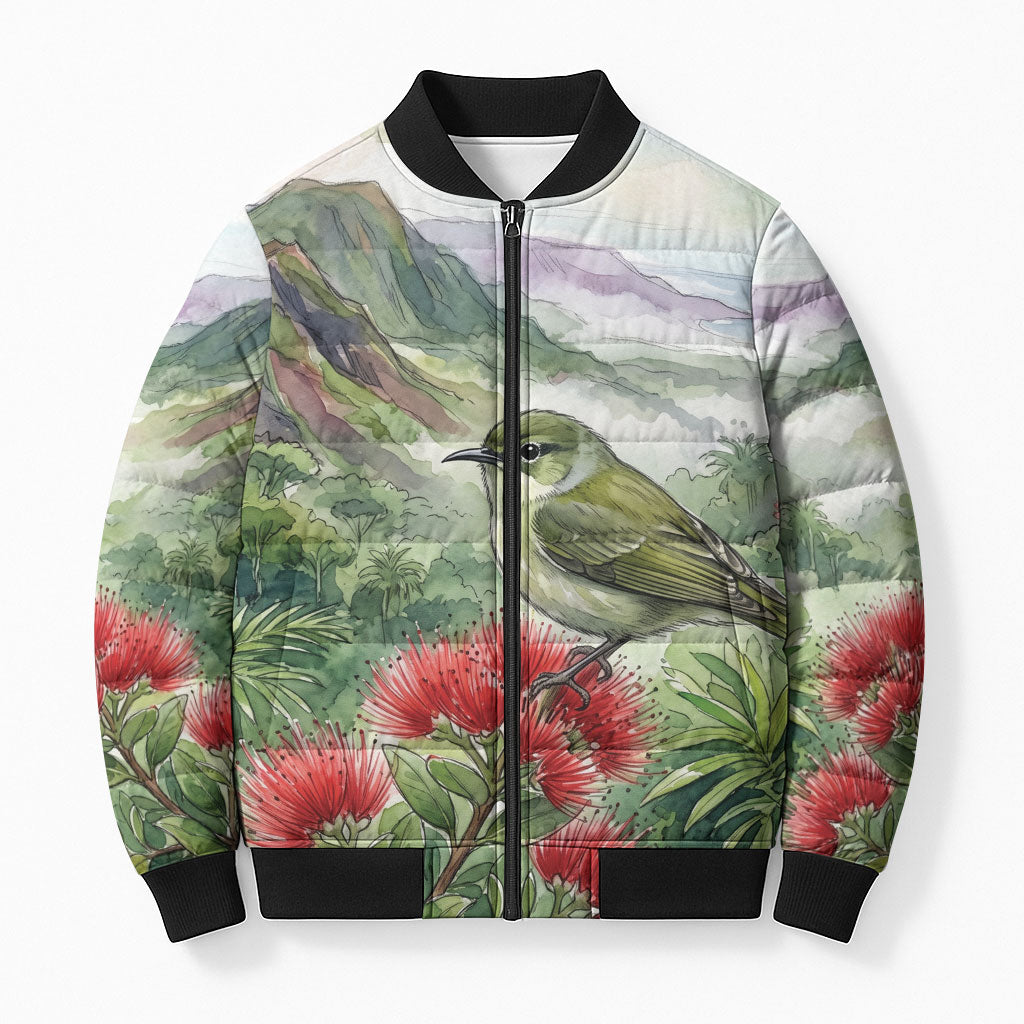 Aloha Hawaii Creeper Ohia Lehua Watercolor Bomber Puffer Jacket LT14 Unisex Watercolor - Polynesian Pride