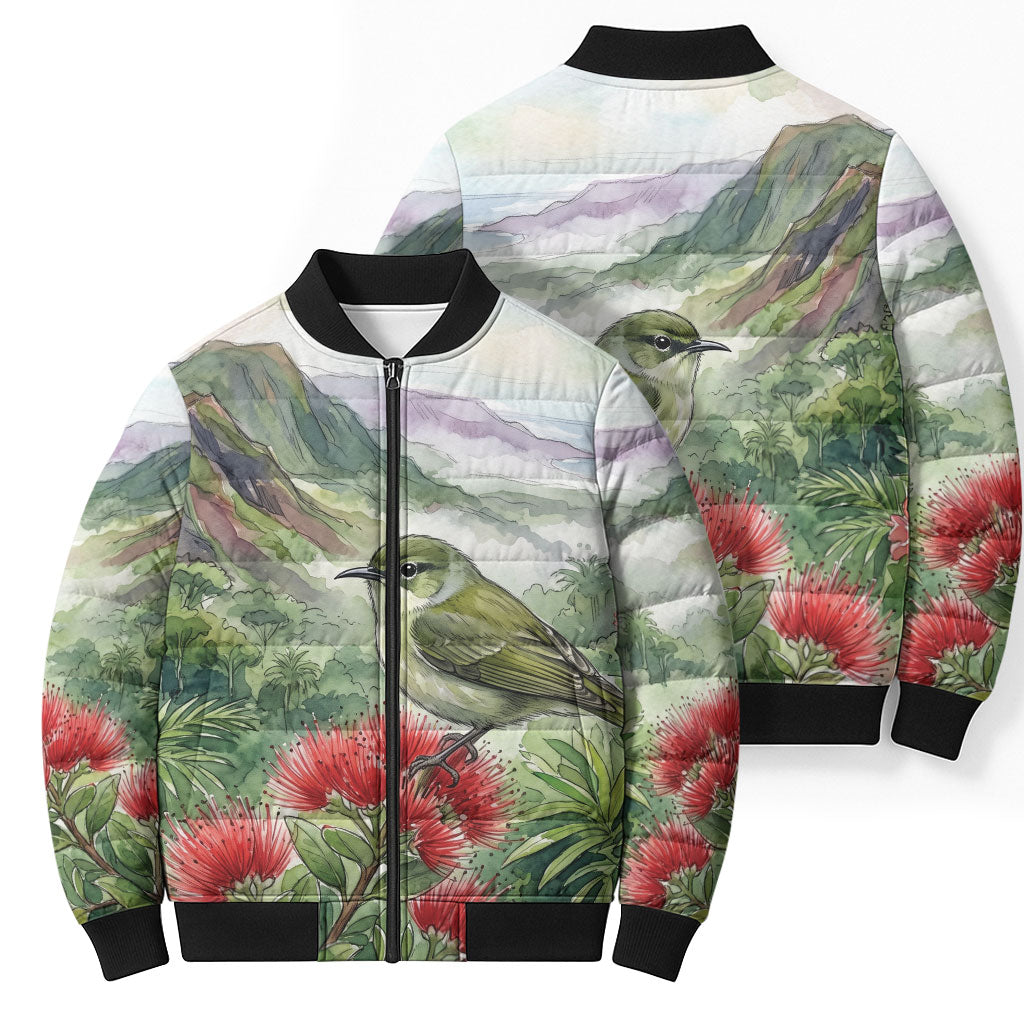 Aloha Hawaii Creeper Ohia Lehua Watercolor Bomber Puffer Jacket LT14 - Polynesian Pride