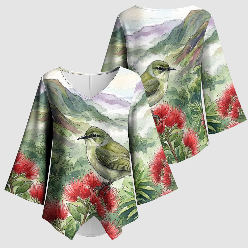 Aloha Hawaii Creeper Ohia Lehua Watercolor Kimono Sleeve Blouse LT14 - Polynesian Pride