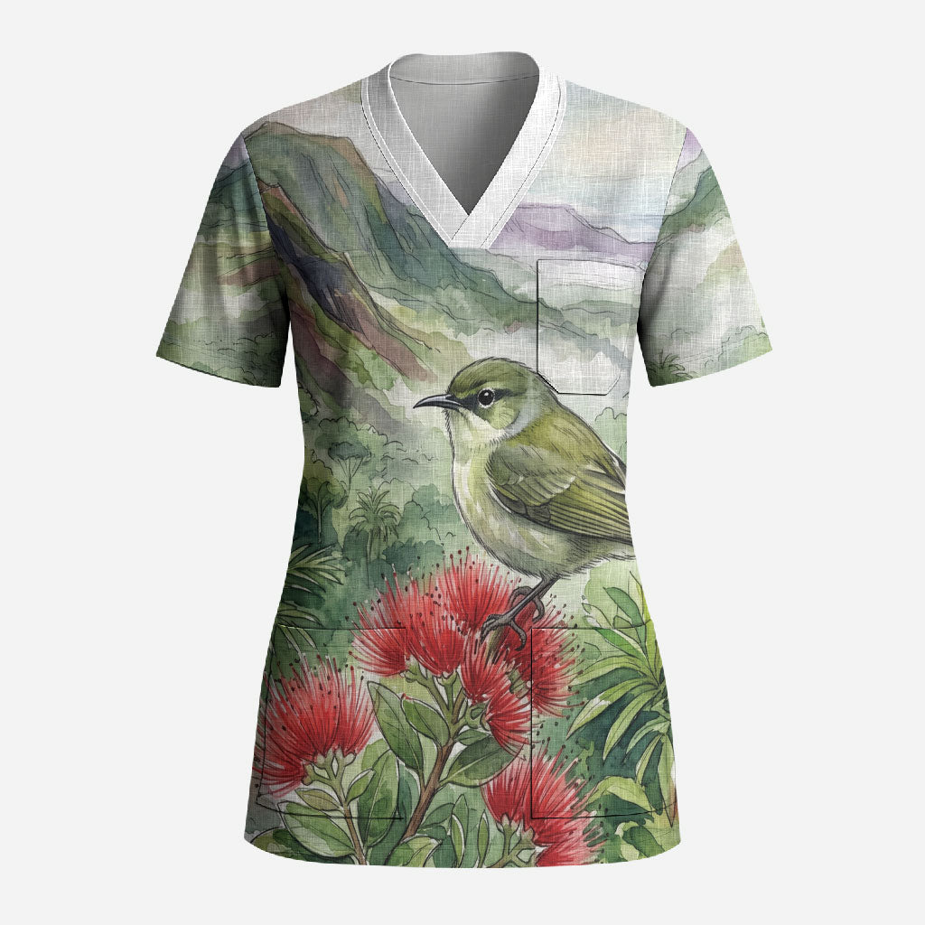 Aloha Hawaii Creeper Ohia Lehua Watercolor Scrub Top LT14 Adult Watercolor - Polynesian Pride