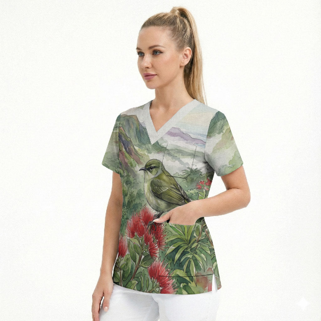 Aloha Hawaii Creeper Ohia Lehua Watercolor Scrub Top LT14 - Polynesian Pride
