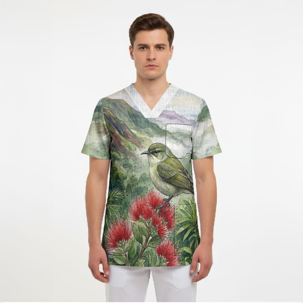 Aloha Hawaii Creeper Ohia Lehua Watercolor Scrub Top LT14 - Polynesian Pride