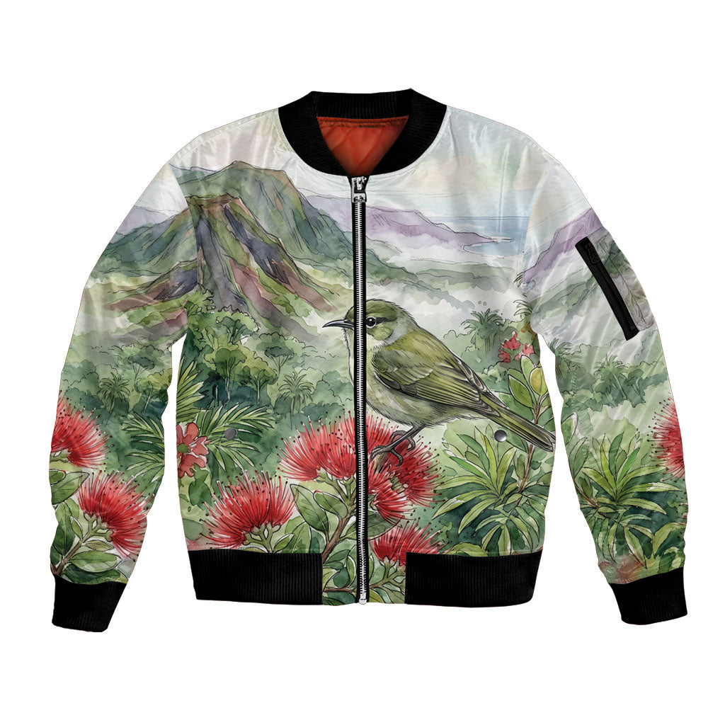 Aloha Hawaii Creeper Ohia Lehua Watercolor Sleeve Zip Bomber Jacket