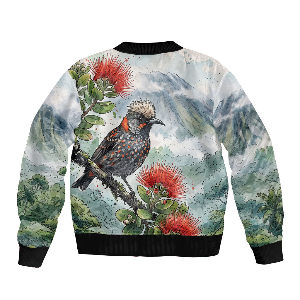 Aloha Hawaii Akohekohe Ohia Lehua Watercolor Bomber Jacket