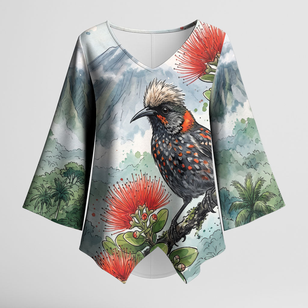 Aloha Hawaii Akohekohe Ohia Lehua Watercolor Kimono Sleeve Blouse LT14 Female Watercolor - Polynesian Pride