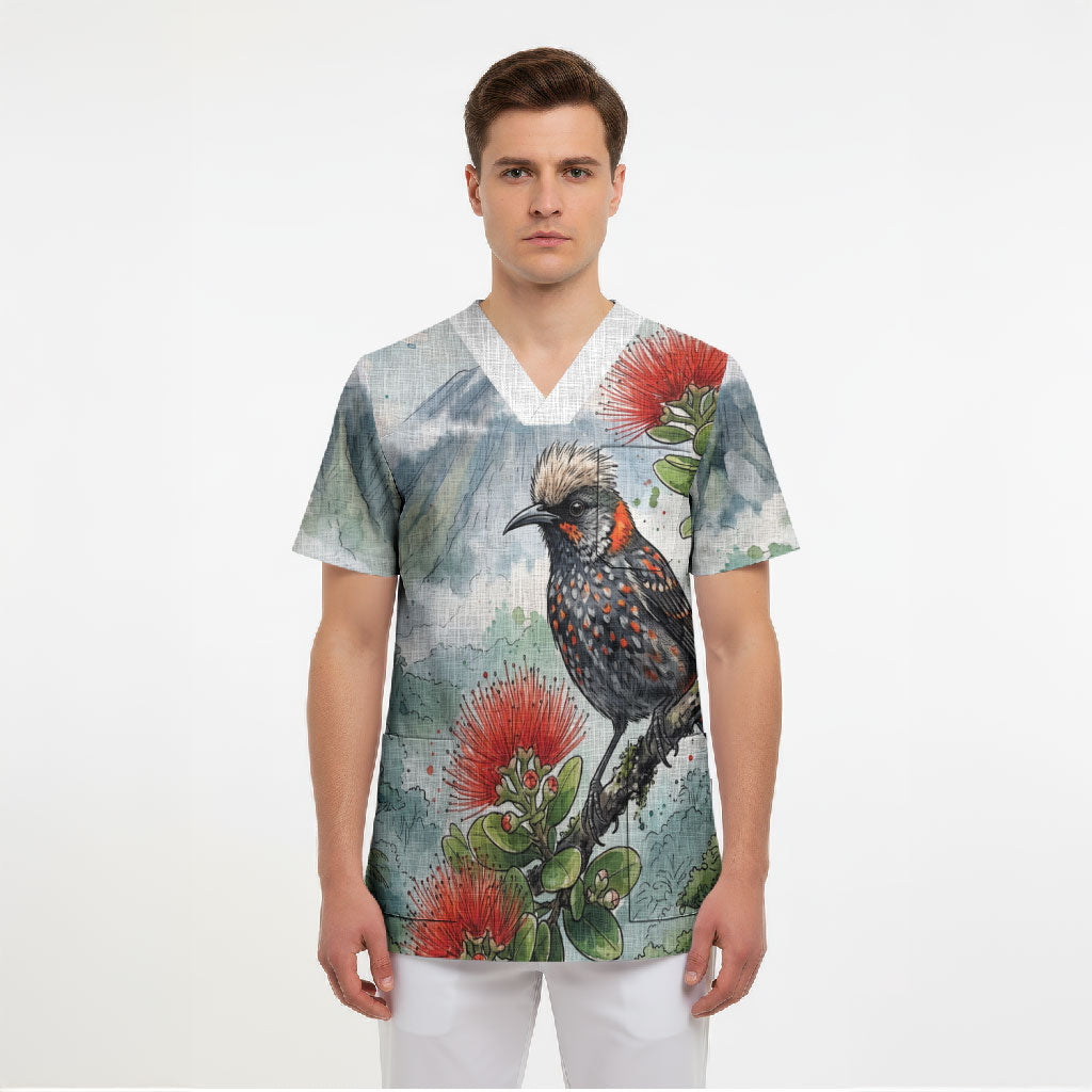 Aloha Hawaii Akohekohe Ohia Lehua Watercolor Scrub Top LT14 - Polynesian Pride