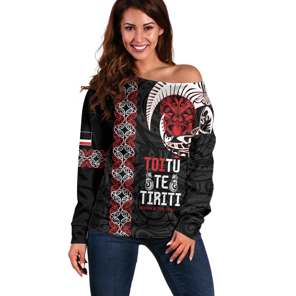 Aotearoa Toitu Te Tiriti Off Shoulder Sweater Honour The Treaty Maori Haka LT14 Women Black - Polynesian Pride