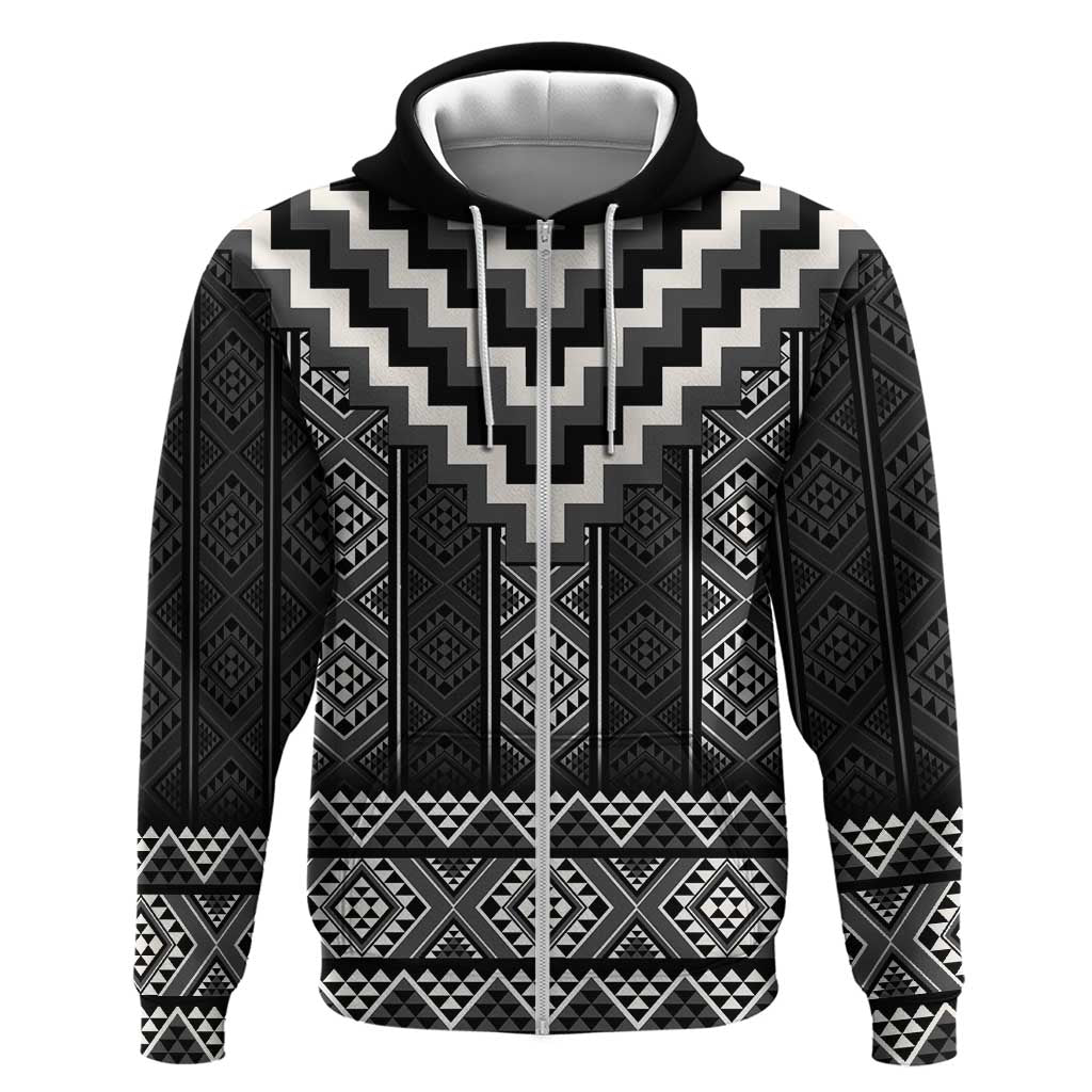 Black Taniko Aotearoa Hoodie Niho Taniwha Mix Poutama LT14 Zip Hoodie Black - Polynesian Pride