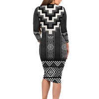 Black Taniko Aotearoa Long Sleeve Bodycon Dress Niho Taniwha Mix Poutama LT14 - Polynesian Pride