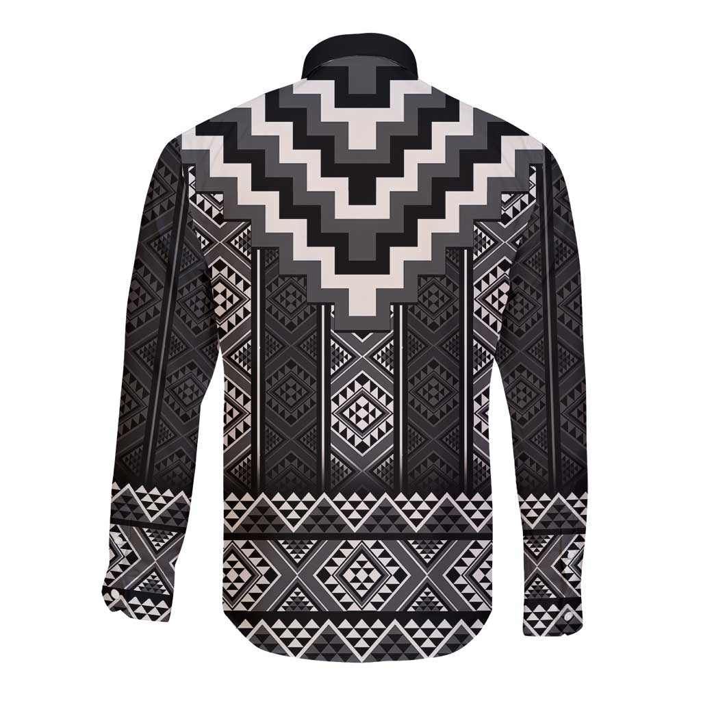Black Taniko Aotearoa Long Sleeve Button Shirt Niho Taniwha Mix Poutama LT14 - Polynesian Pride