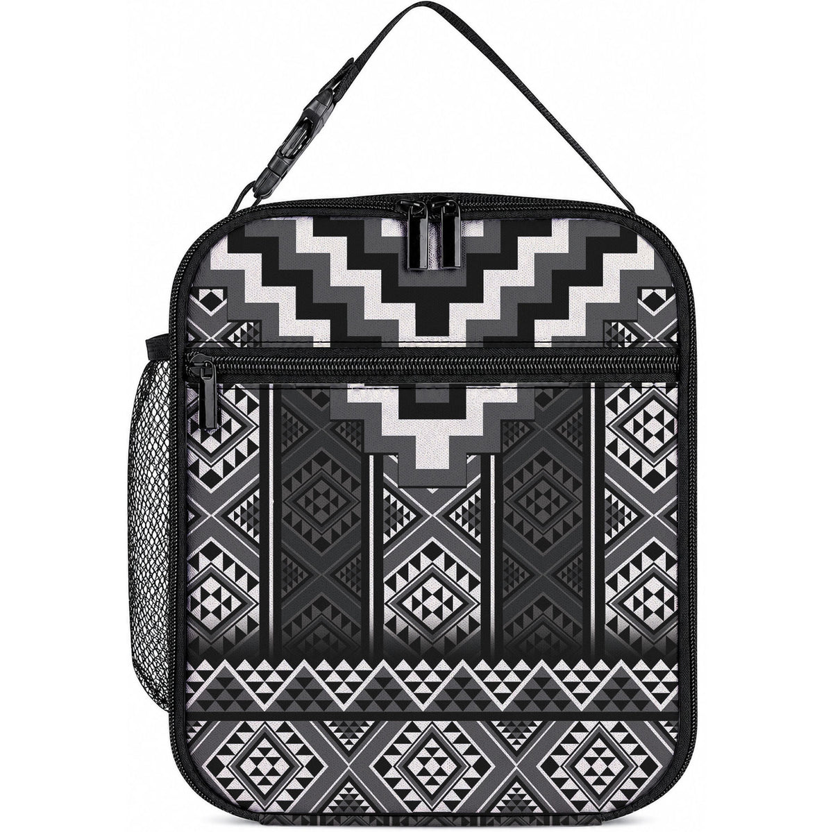 Black Taniko Motifs Aotearoa Lunch Bag Niho Taniwha Mix Poutama LT14 10.2 × 8.3 × 4.3 inch Black - Polynesian Pride