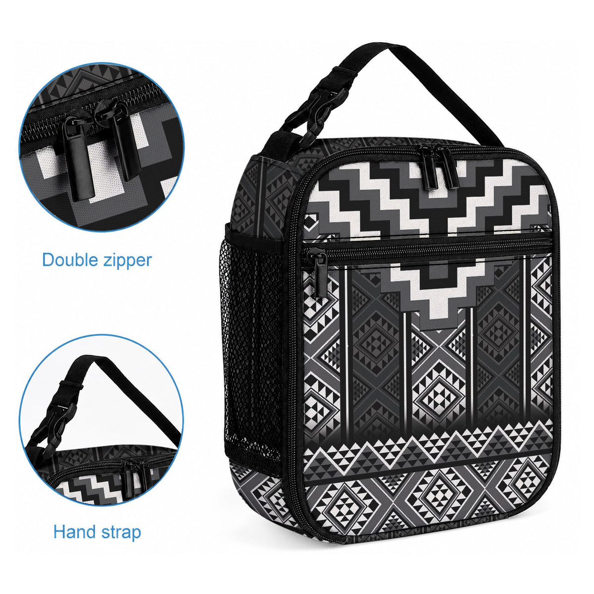 Black Taniko Motifs Aotearoa Lunch Bag Niho Taniwha Mix Poutama LT14 - Polynesian Pride