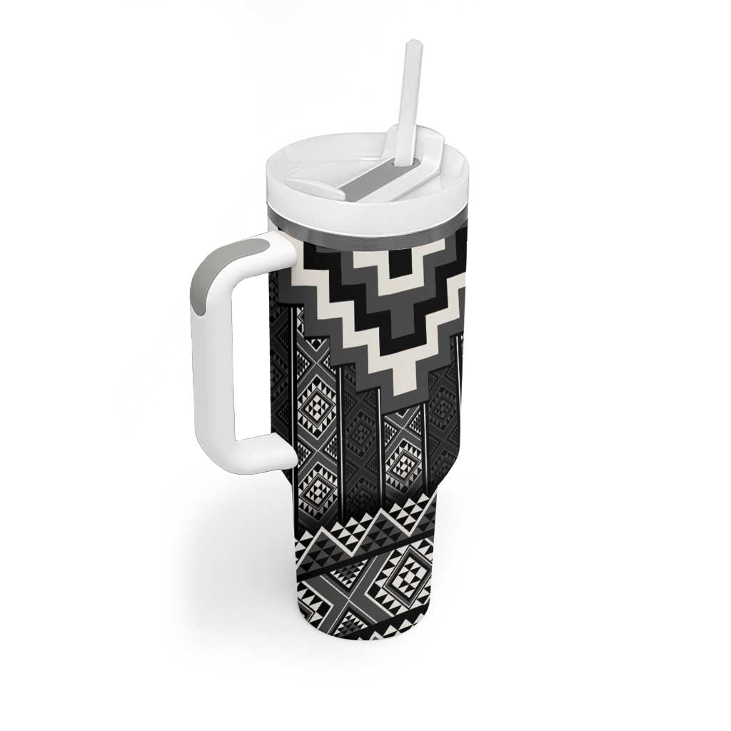 Black Taniko Aotearoa Tumbler With Handle Niho Taniwha Mix Poutama LT14 - Polynesian Pride